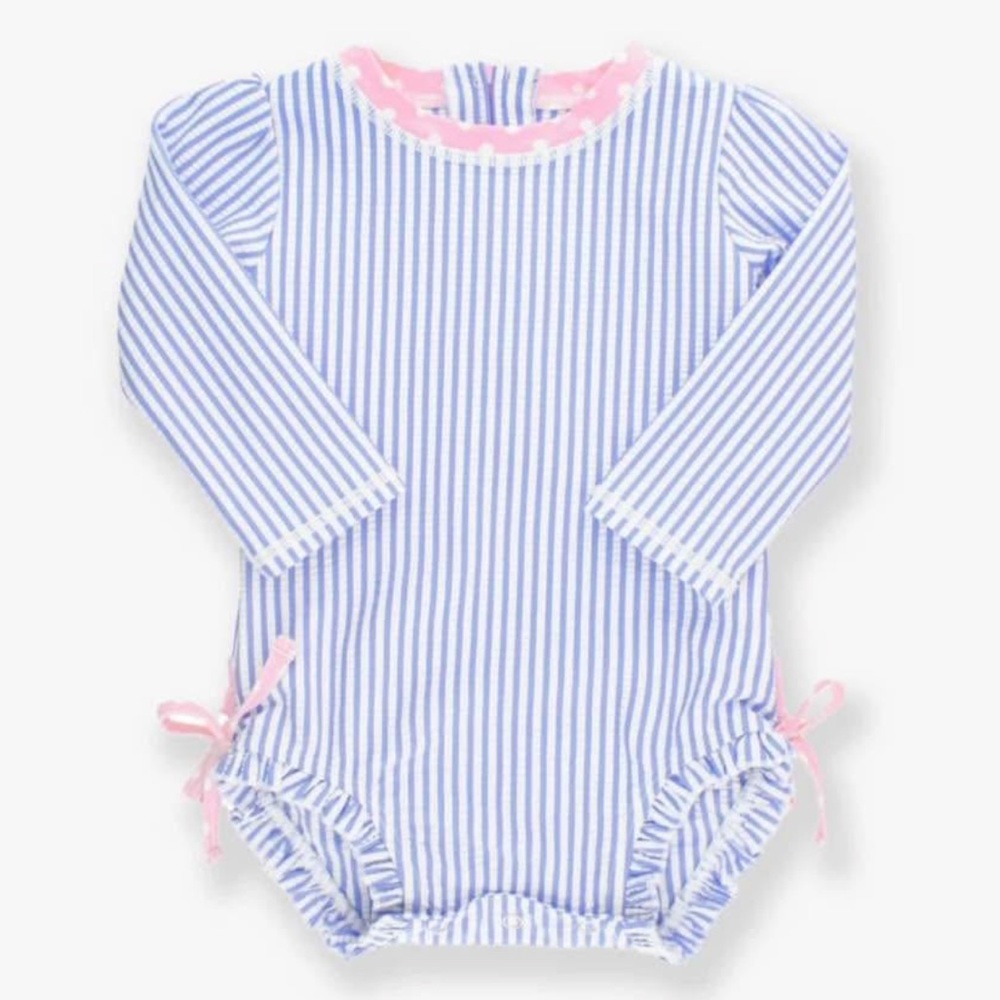 Ruffle Butts Blue and White Striped Romper with Pink Trim